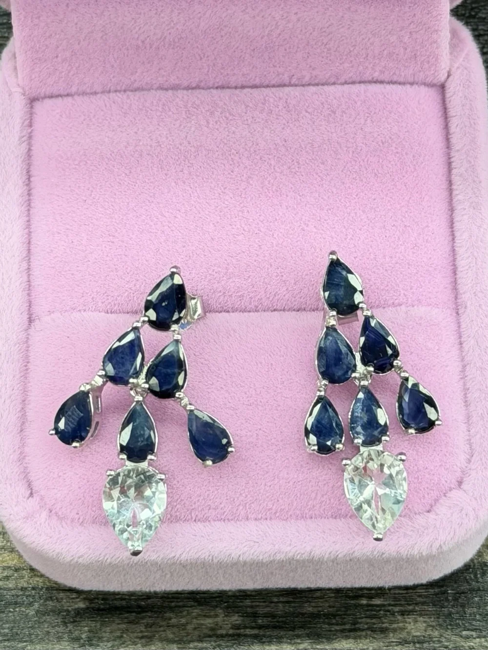 Stunning Natural 3CT Blue Sapphire & Topaz Dangle earrings 925 Sterling Silver